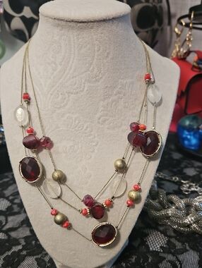Layered Gold Necklace with Red and Coral Stones, 2 Piece
